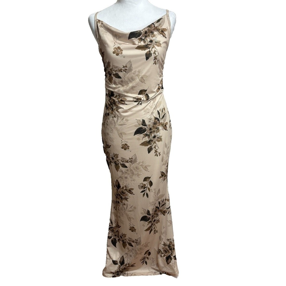 YOZY Maxi Slip Dress Beige Floral Cowl Neck Ruched Y2K Gown Wedding Prom M 6